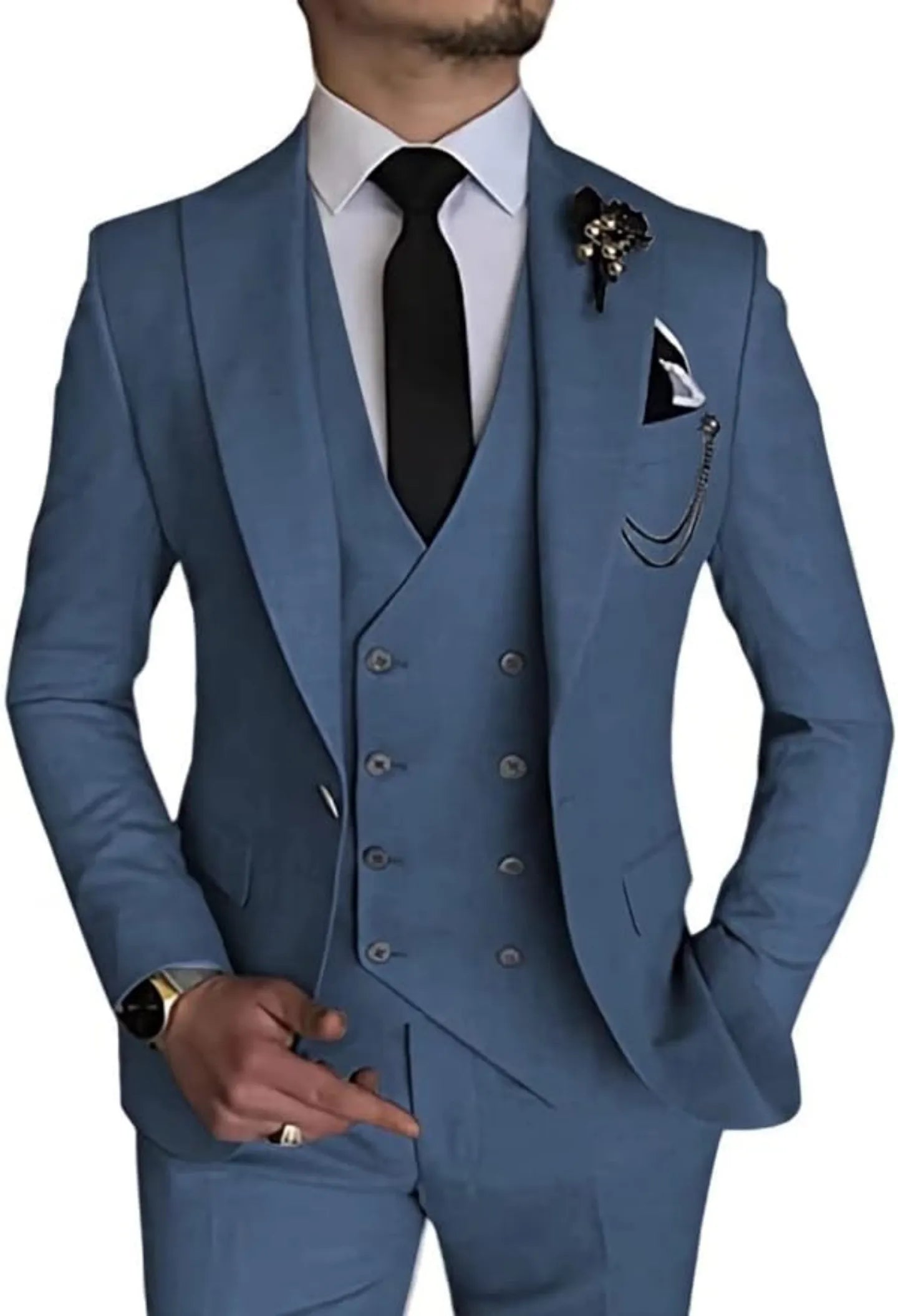 back view of dusty blue men’s double-breasted suit – classic formal 3 piece attire with blazer, vest, and tailored trousers