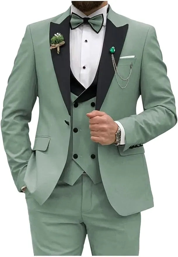 dusty green double breasted 3 piece suit with black lapel – front view