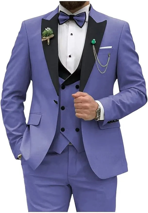 dusty purple slim fit tuxedo suit for prom with chain and boutonniere