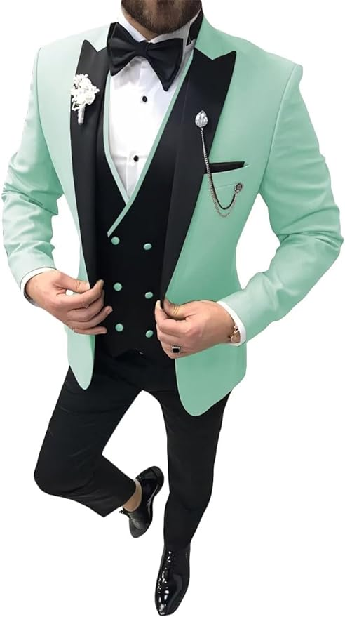 Men's aqua prom tuxedo suit with satin peak lapel and vest – formal three piece outfit for special events