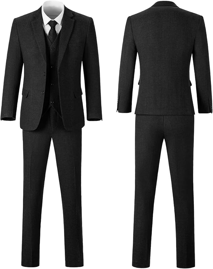 Retro Tweed Herringbone Slim Fit Notch Lapel Tuxedos Set Prom 3 Piece Men's Suit