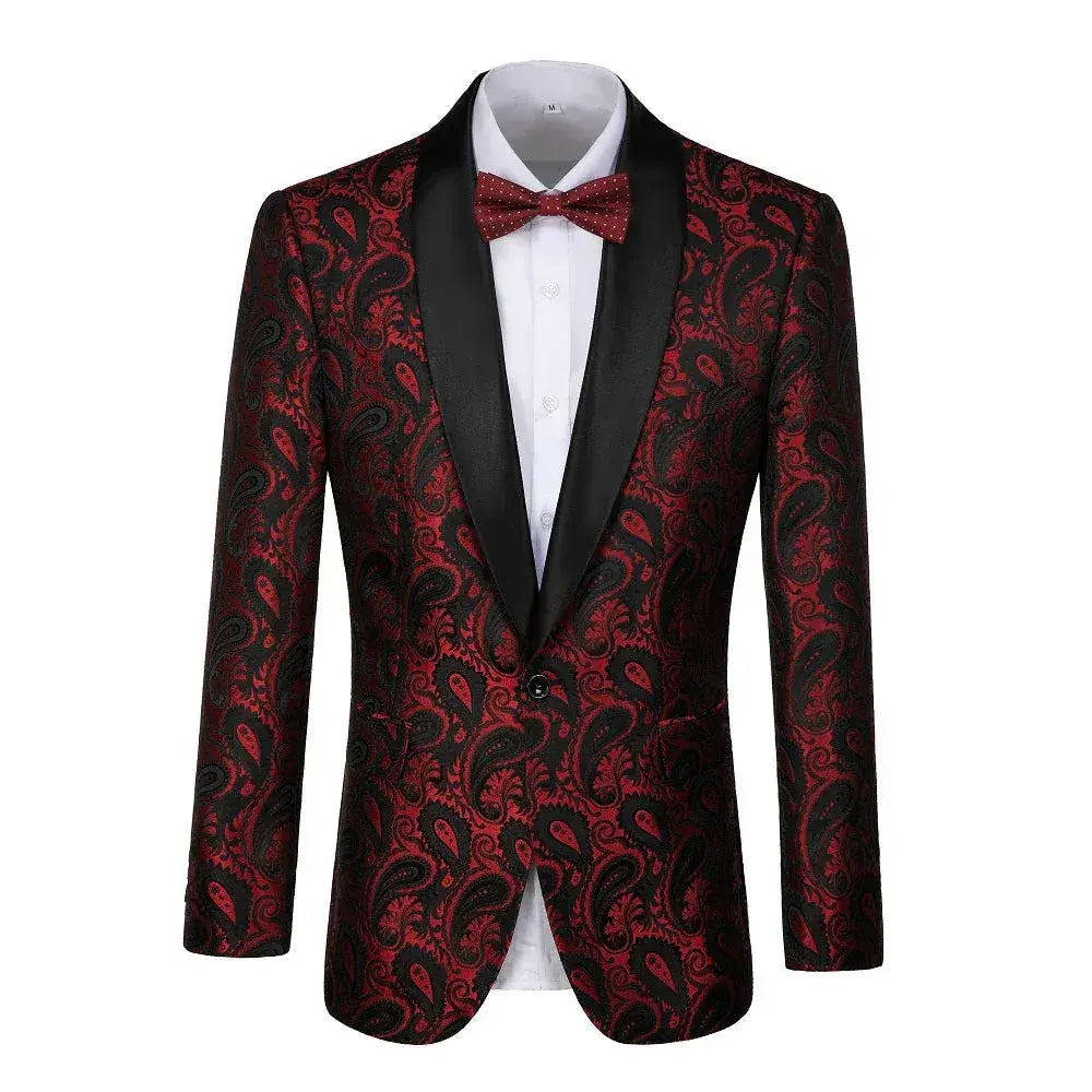 Close-up front view of a burgundy paisley patterned blazer with black satin peak lapels and a red bowtie.