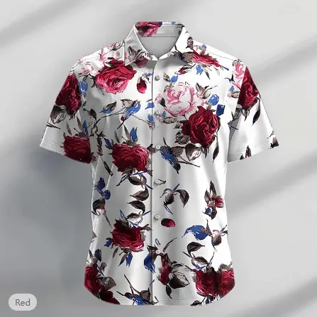 Red floral print short sleeve men’s shirt – casual summer holiday outfit