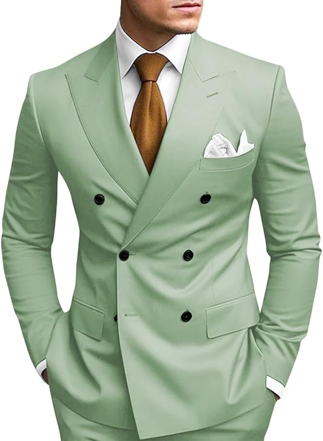 Sage Green double breasted 2 piece slim fit men’s suit with peak lapel – wedding or business formalwear