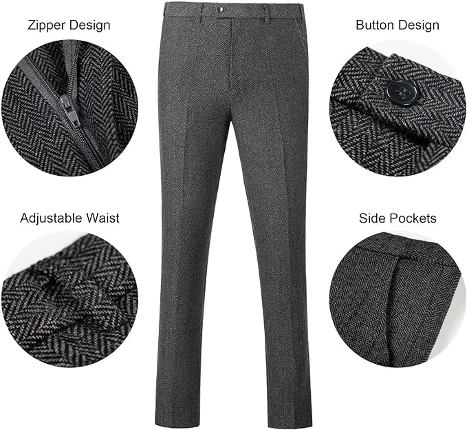 Retro Slim Fit Groom Tuxedos Herringbone Men's Pants