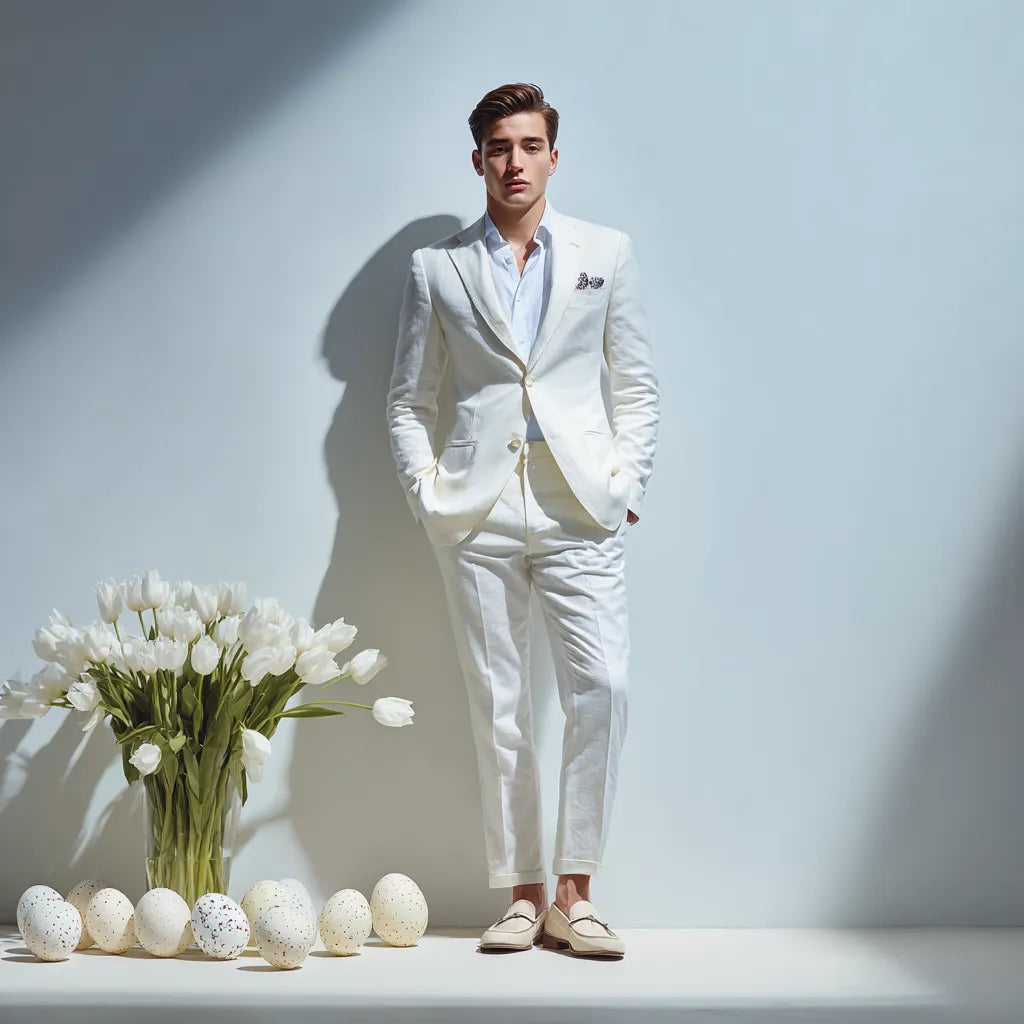 Man wearing a polished light Easter suit with white tulips and decorated Easter eggs.