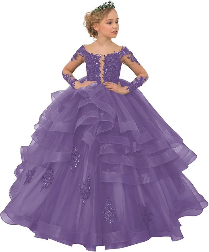 Long Sleeve Flower Girl Dresses Lace Applique Princess Ruffles Tulle Party Gown