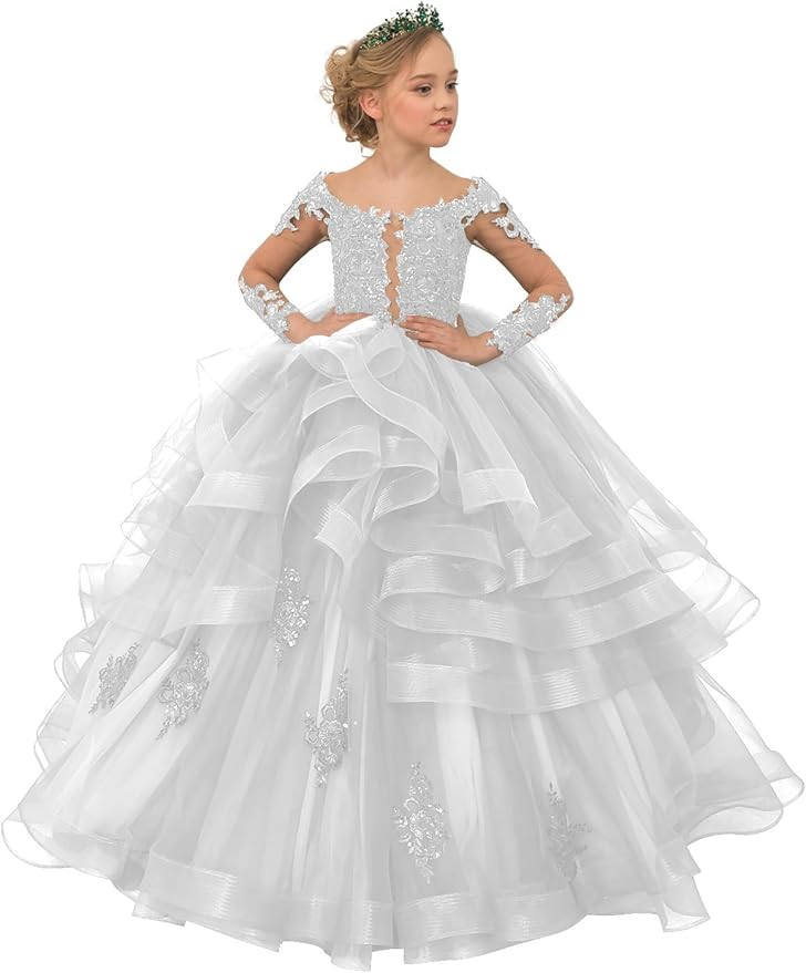 Long Sleeve Flower Girl Dresses Lace Applique Princess Ruffles Tulle Party Gown