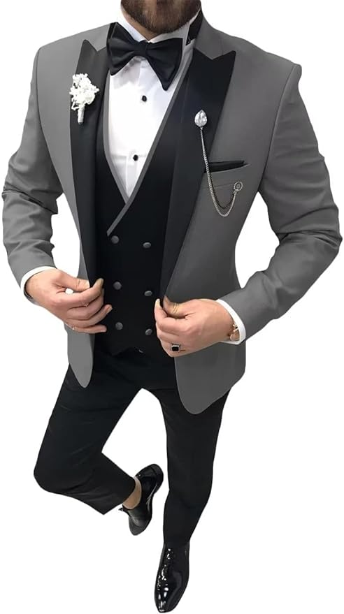 Men's Grey wedding tuxedo 3 piece suit with satin lapel – elegant prom dinner outfit