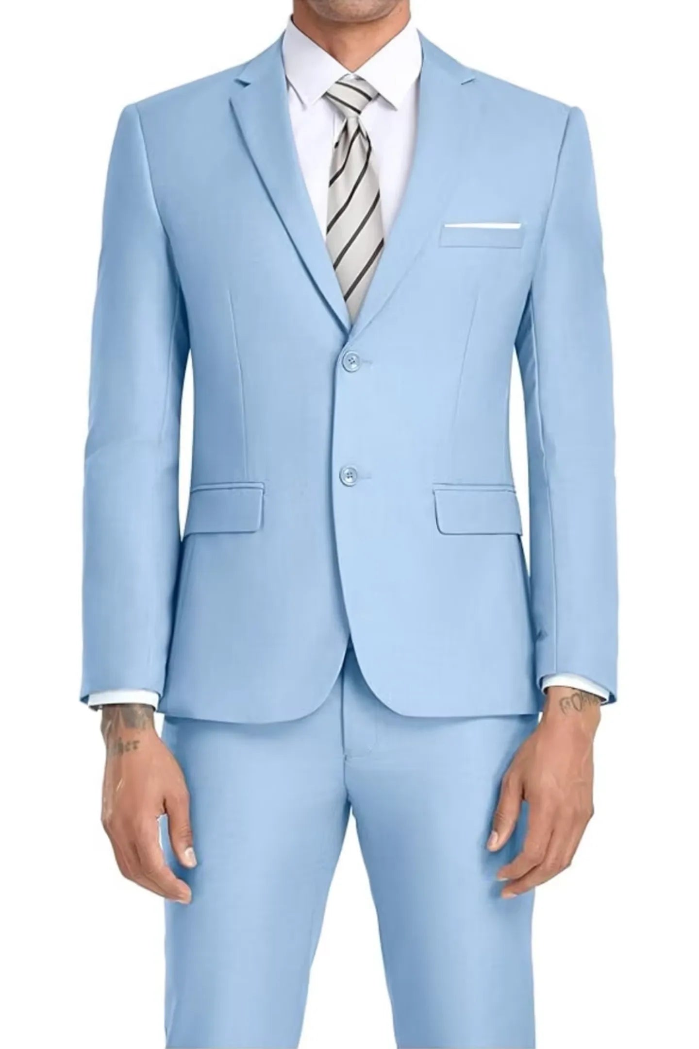 elegant sky blue formal men's suit set, featuring a tailored two-button blazer and matching trousers – ideal for business or upscale events.