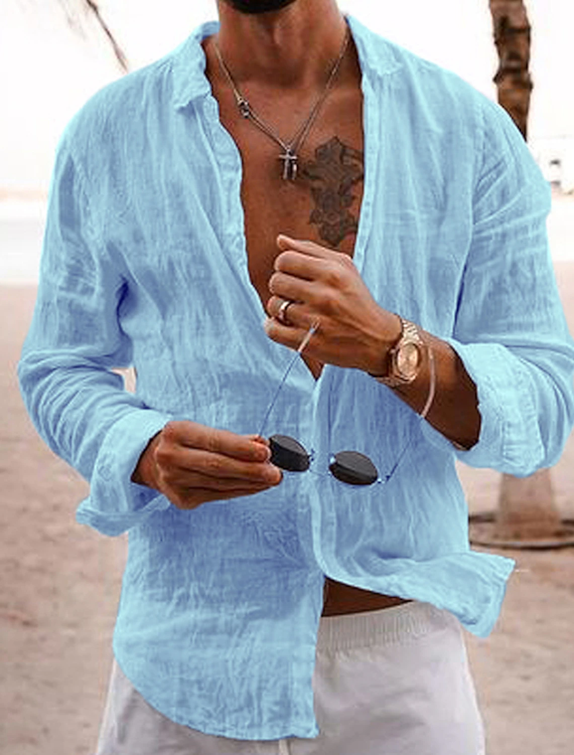 Blue linen summer shirt for men – breathable beachwear with relaxed open collar style