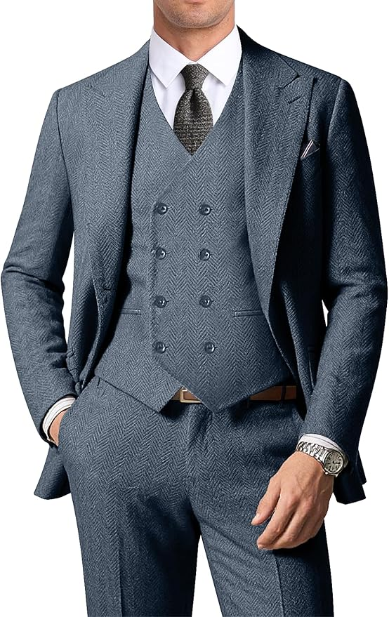 Men's Double Breasted Vest Herringbone 3 Piece Suits