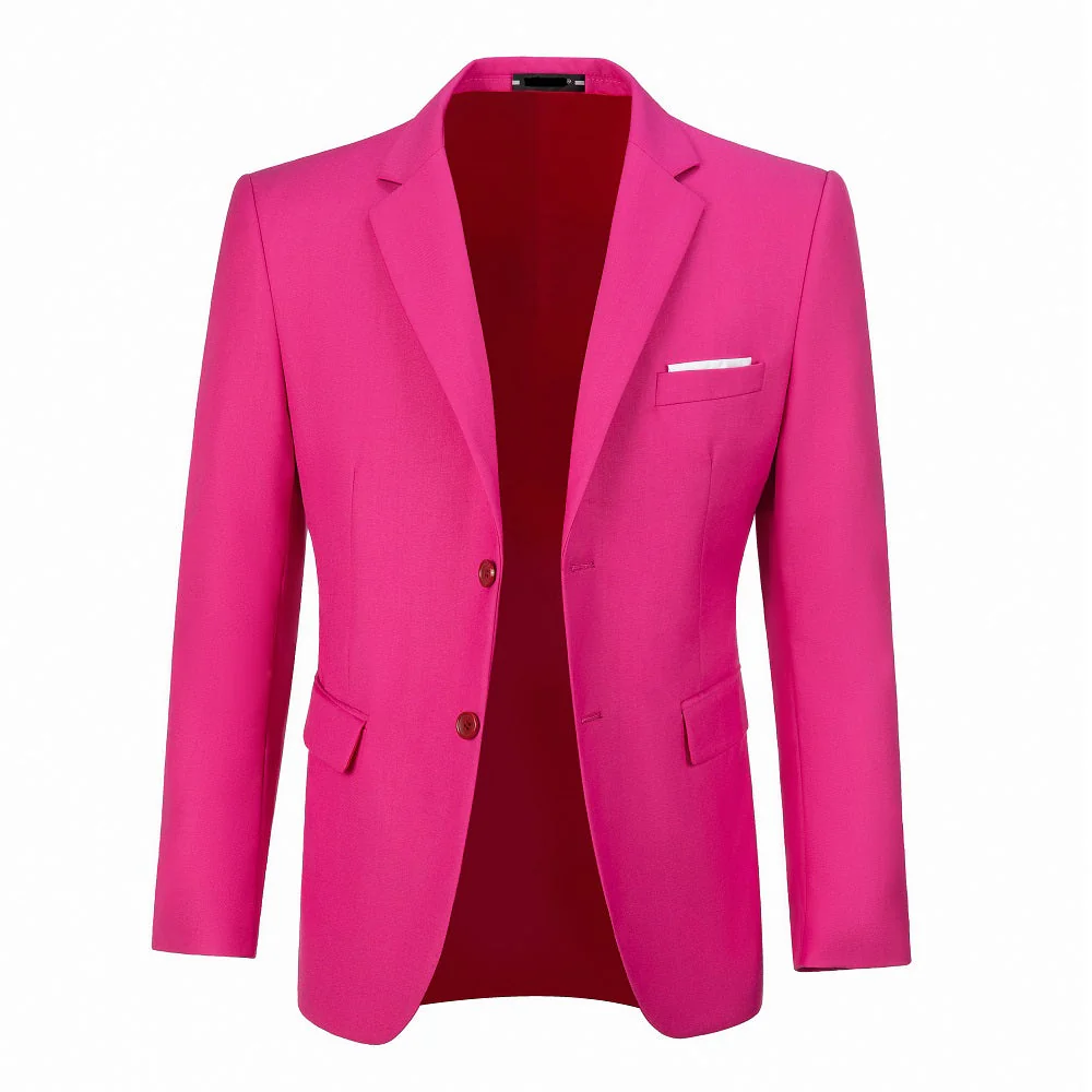 Men's fuchsia two button blazer - open front with chest pocket & slim fit formal jacket