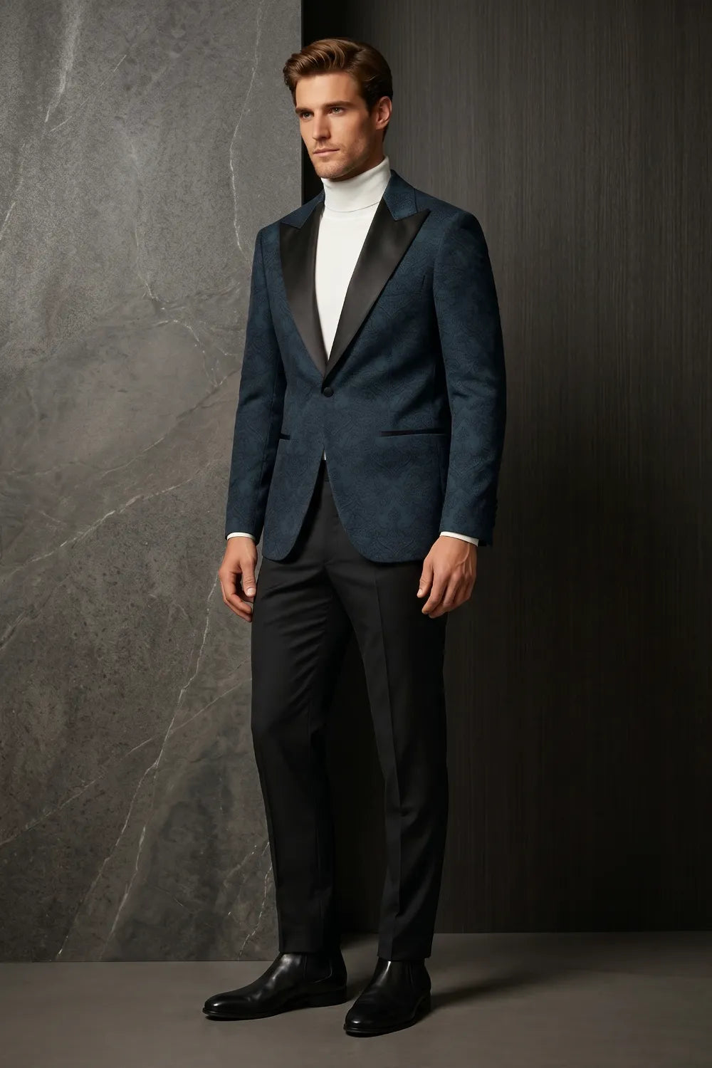 Men's Navy Blue Jacquard Satin Peak Lapel 2-Piece Tuxedo Suit