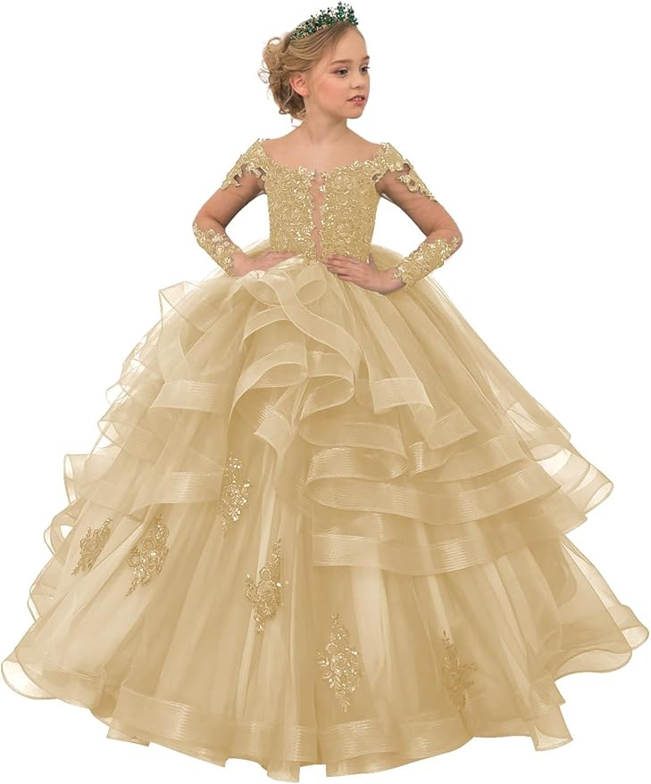 Long Sleeve Flower Girl Dresses Lace Applique Princess Ruffles Tulle Party Gown