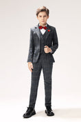 Load image into Gallery viewer, Dark Grey Plaid Elegant 5 Piece Boys Suits
