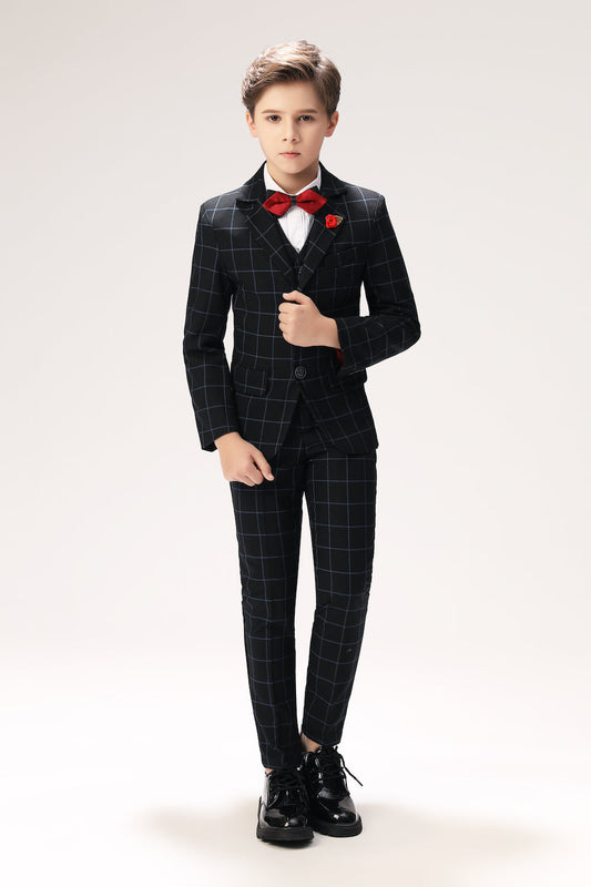 Navy Plaid Elegant 5 Piece Boys Suits