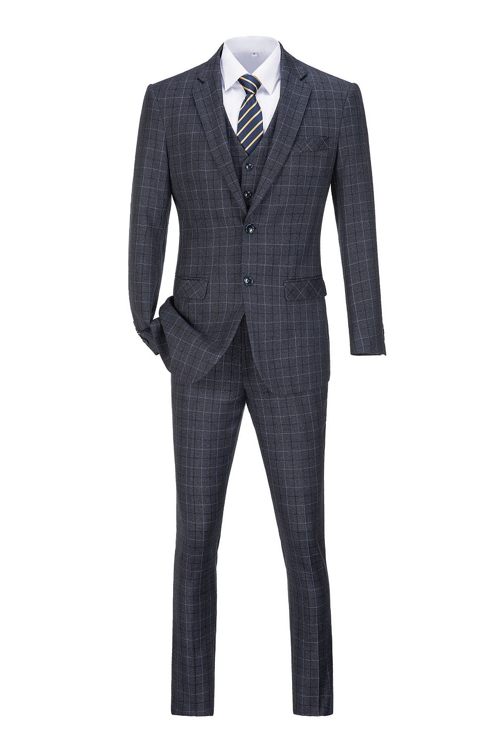 Dark Grey Plaid Men's 3 Piece Suits