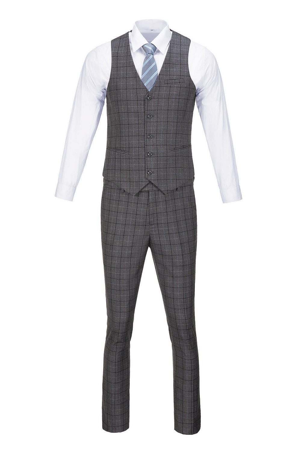 Grey Plaid Men's 3 Piece Suits