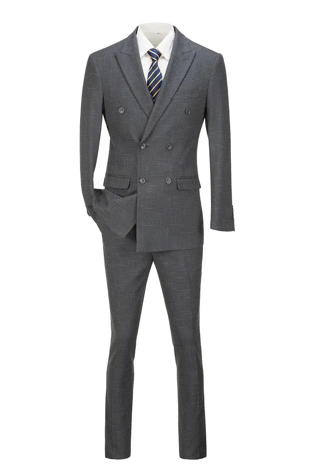Full view of grey plaid double-breasted men's suit with striped tie