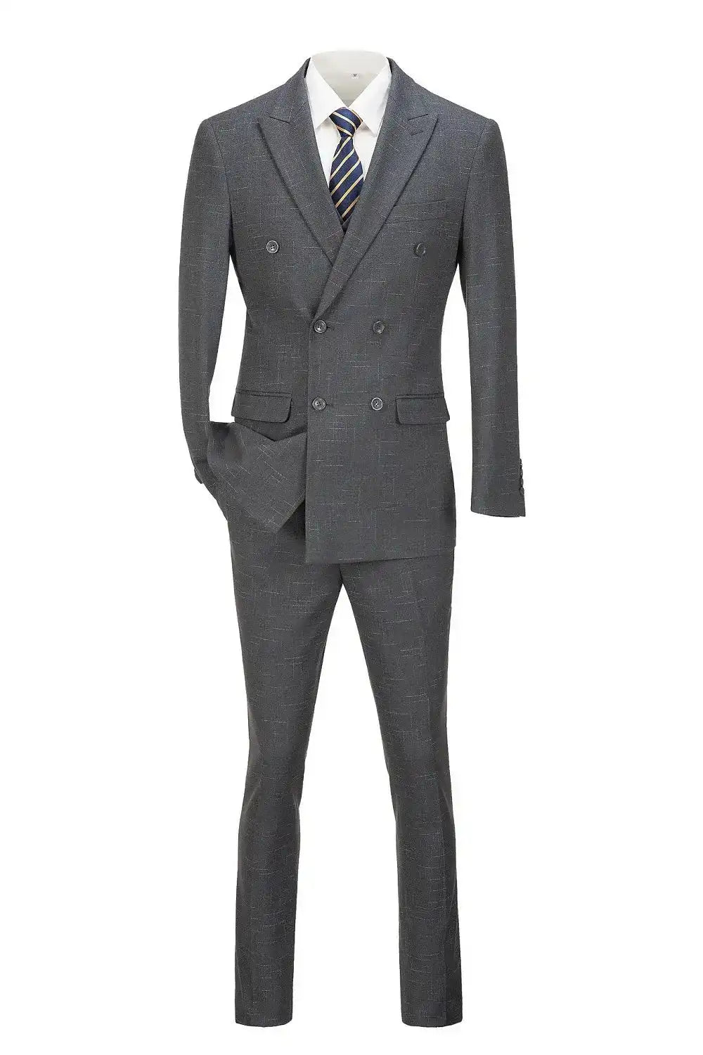 Men's grey grid check double-breasted suit – front view with striped tie
