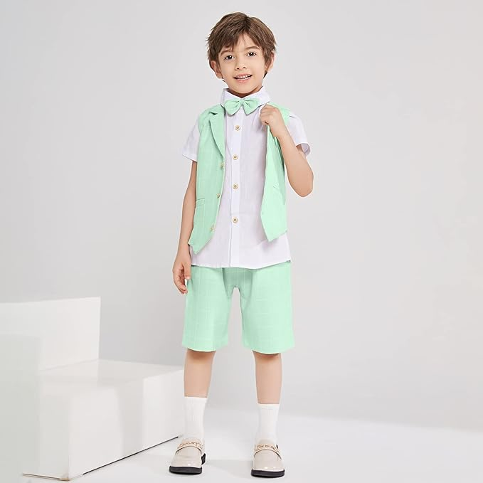 Summer Boys Suit 4Pcs Shirt Vest Shorts Tie Set