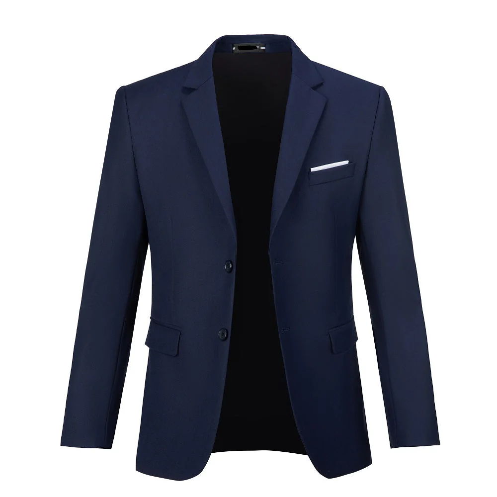 Men's navy two button blazer - open front with chest pocket & white pocket square formal jacket