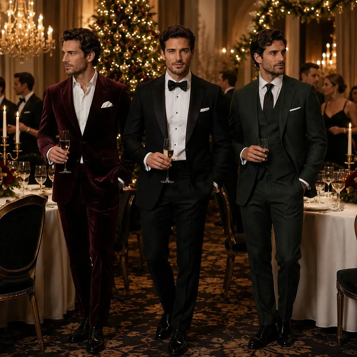 Formal Christmas suit ideas for men featuring a burgundy velvet suit, black tuxedo, and dark green three-piece suit in an elegant holiday dinner setting.