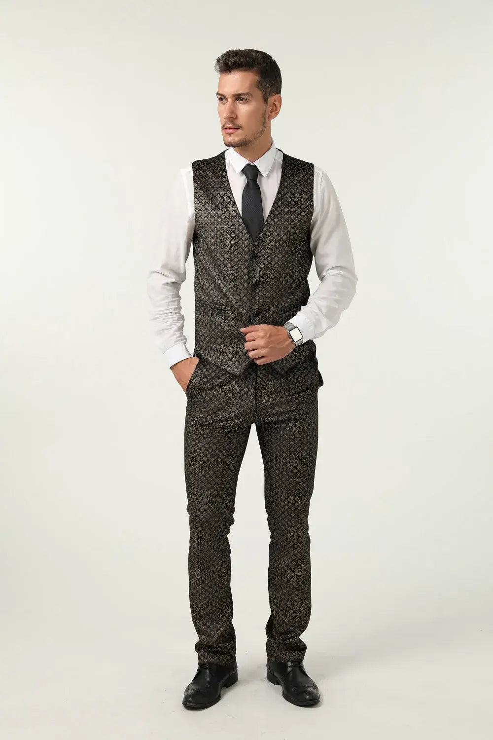 Front view of men's gold and black patterned velvet vest – part of diamond design 3 piece suit with black tie formal style