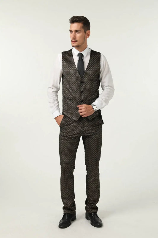 Front view of men's gold and black patterned velvet vest – part of diamond design 3 piece suit with black tie formal style
