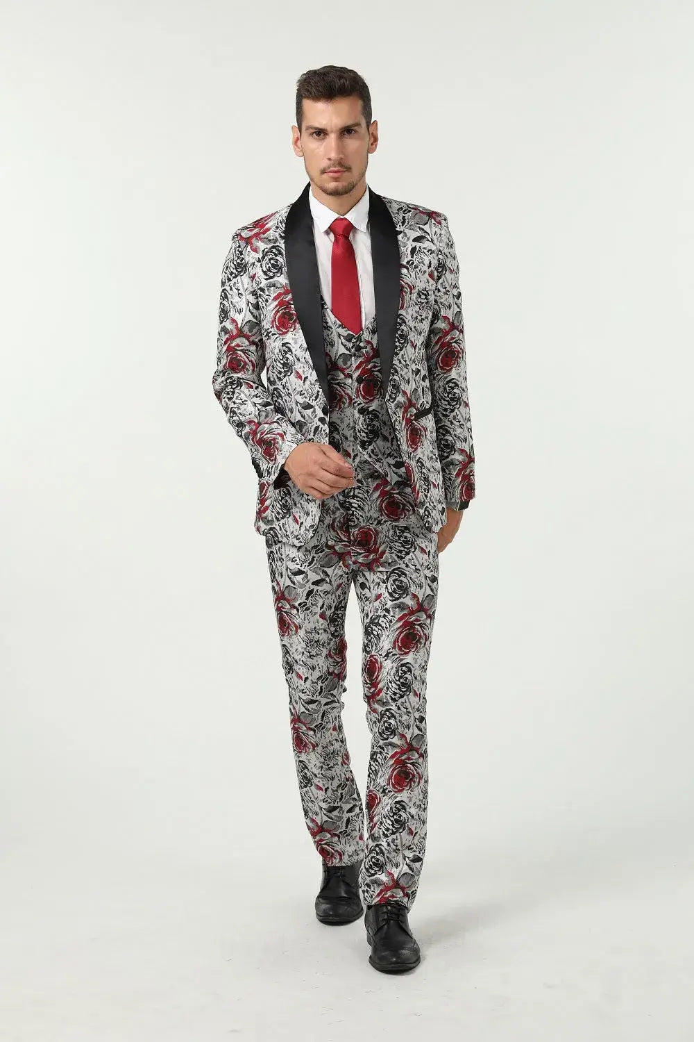 Men's red floral suit 3 piece with black lapel blazer – modern formal party attire