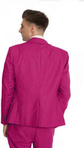Load image into Gallery viewer, back view of men’s fuchsia 3 piece suit jacket – slim fit formalwear for business, prom, or wedding occasions.

