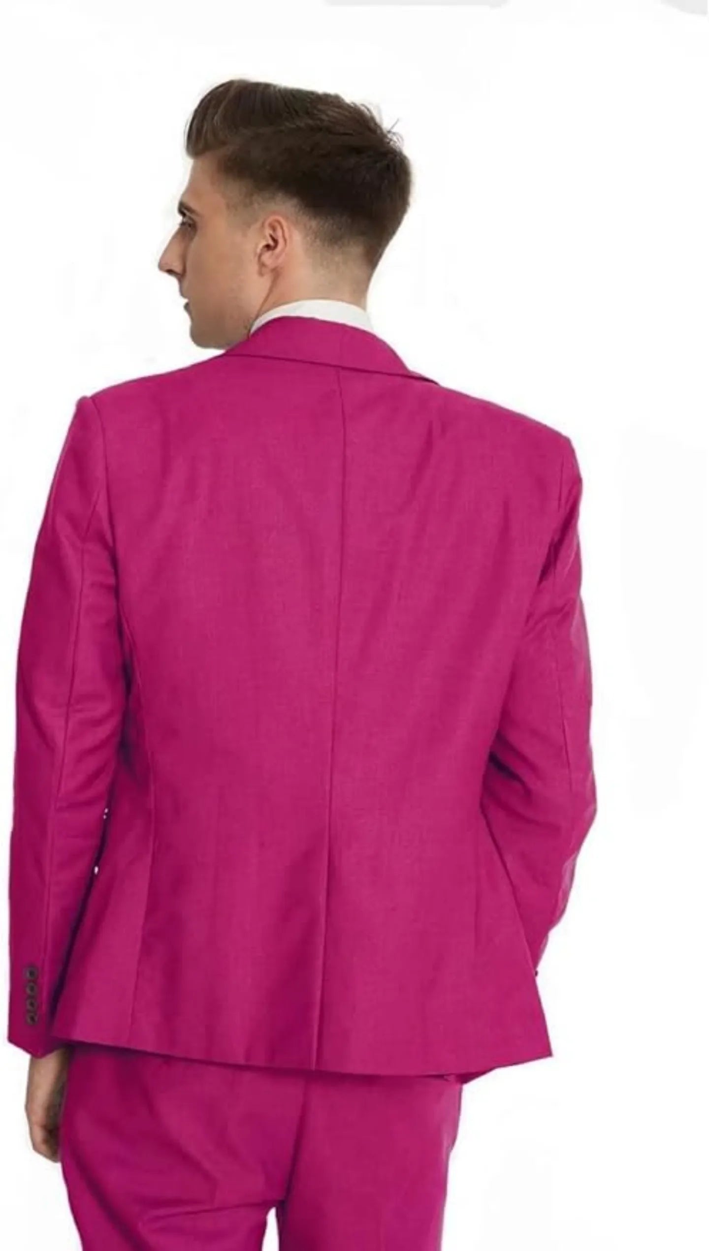 back view of men’s fuchsia 3 piece suit jacket – slim fit formalwear for business, prom, or wedding occasions.