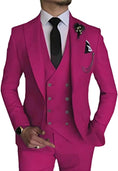 Load image into Gallery viewer, front view of men's fuchsia double-breasted 3 piece suit – slim fit blazer, vest, trousers styled with black tie and floral lapel pin.
