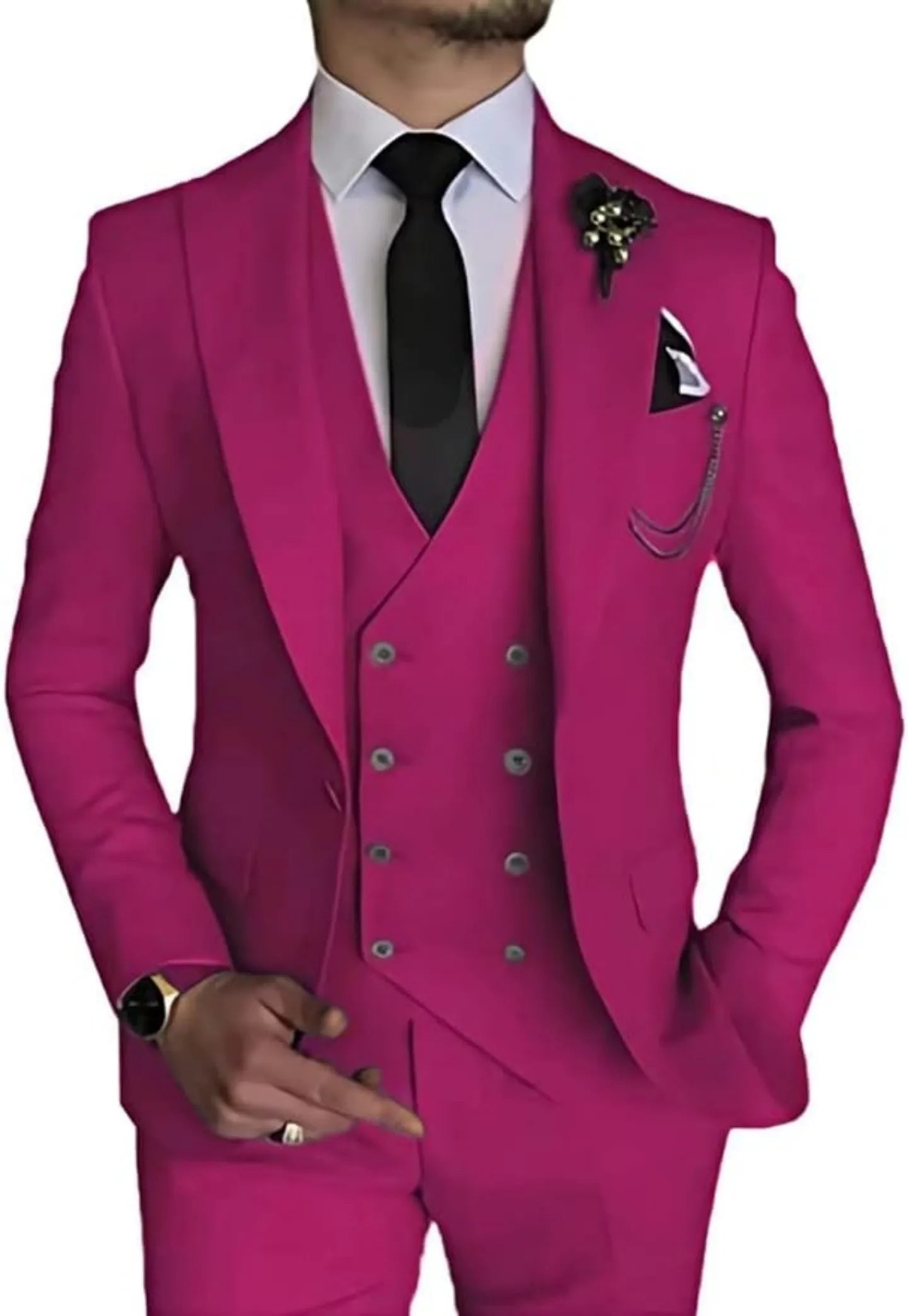 front view of men's fuchsia double-breasted 3 piece suit – slim fit blazer, vest, trousers styled with black tie and floral lapel pin.