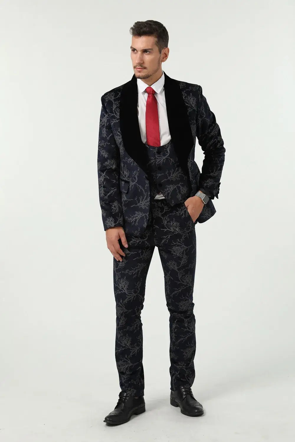 Full view of navy velvet 3 piece suit – black shawl lapel and unique tree pattern