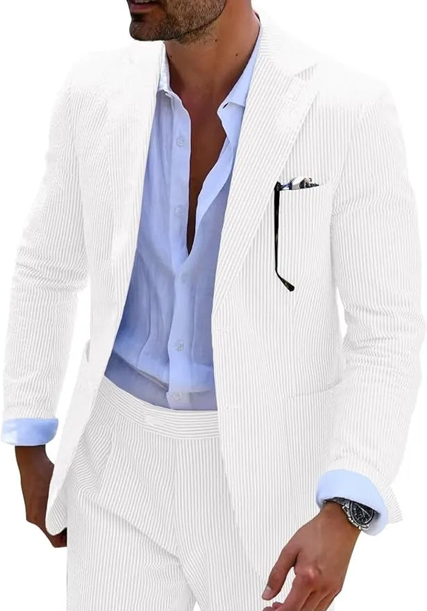 Close-up view of men's full white striped seersucker blazer with tailored design and lapels.