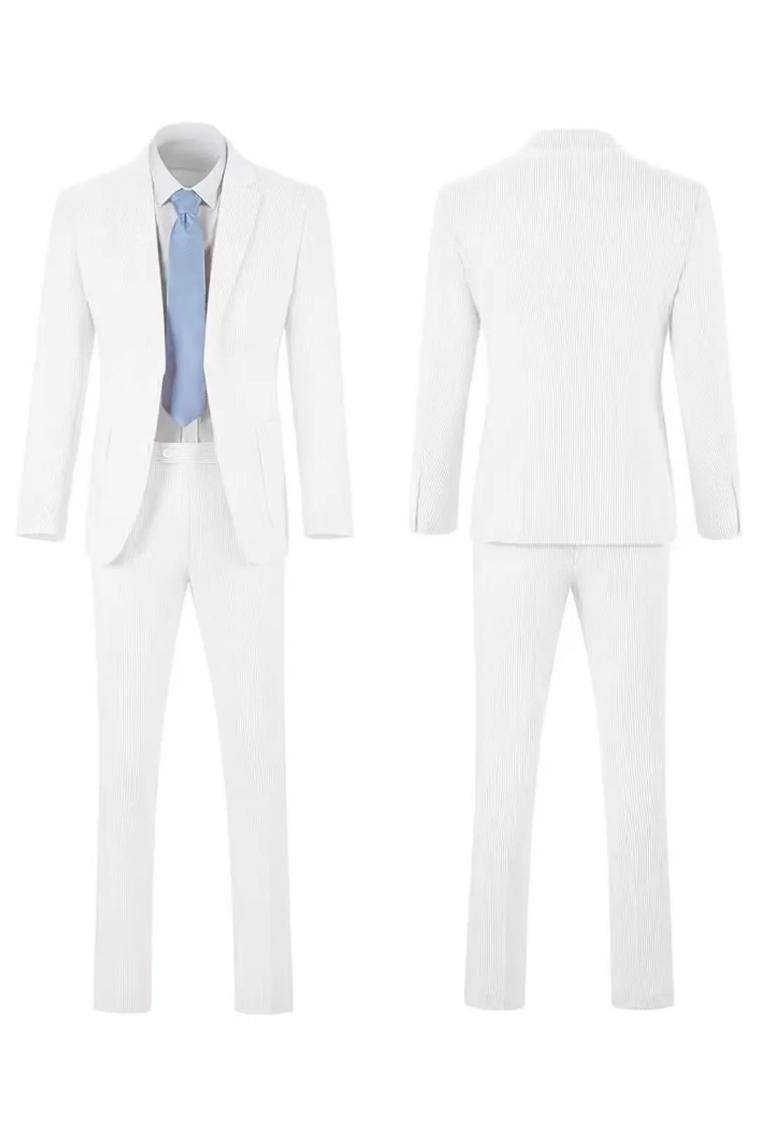 Full front and back view of men's full white striped seersucker blazer set, ideal for sunny days.