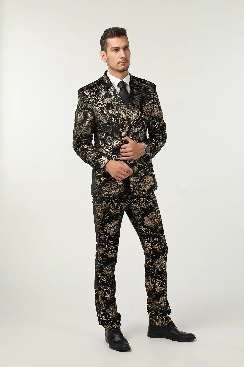 Men's gold floral suit 3 piece with black lapel blazer – bold luxurious formalwear