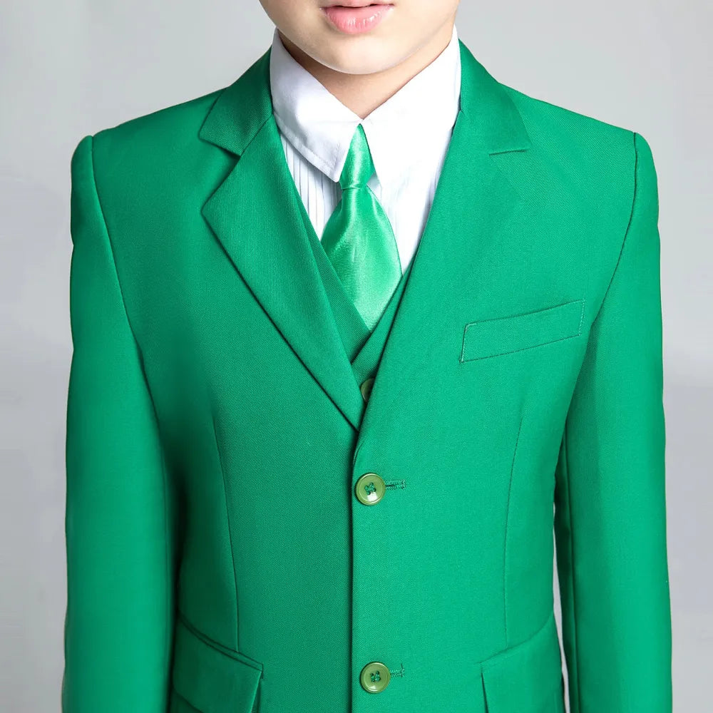 Rear view of green boys formal blazer showing dual back vents and clean seams – ideal for kids school uniforms or events