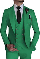 front view of men's green double-breasted 3-piece suit with black tie and boutonniere – classic formal attire