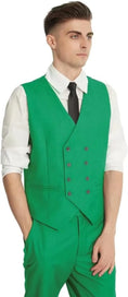 Load image into Gallery viewer, model wearing green double-breasted vest and matching trousers – slim fit men's classic 3-piece suit

