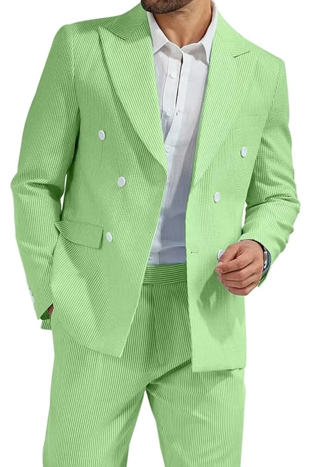 textured view of men's green seersucker fabric – double-breasted design with fine striped pattern