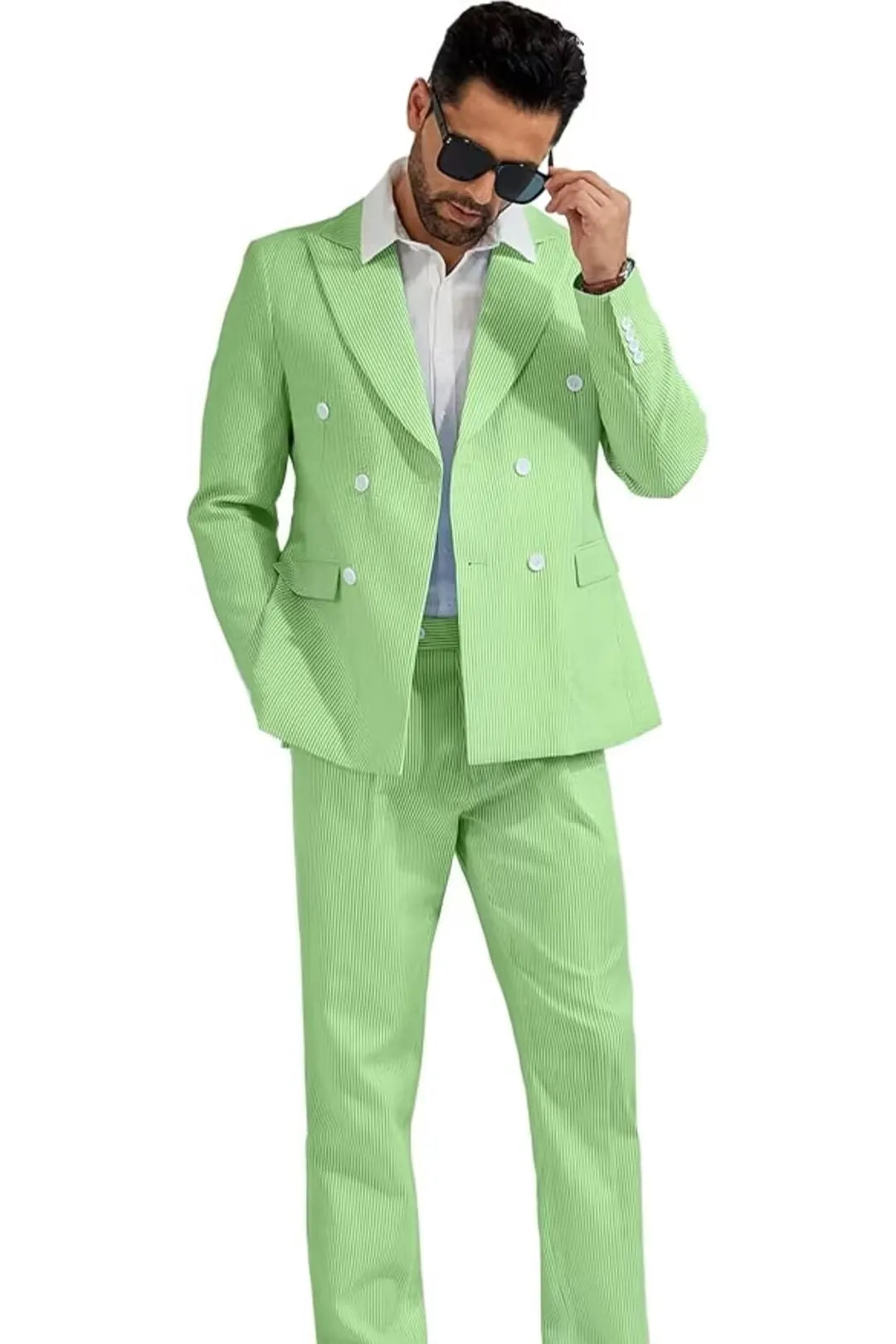 full-body view of men's green seersucker double-breasted suit – stylish summer look with matching trousers