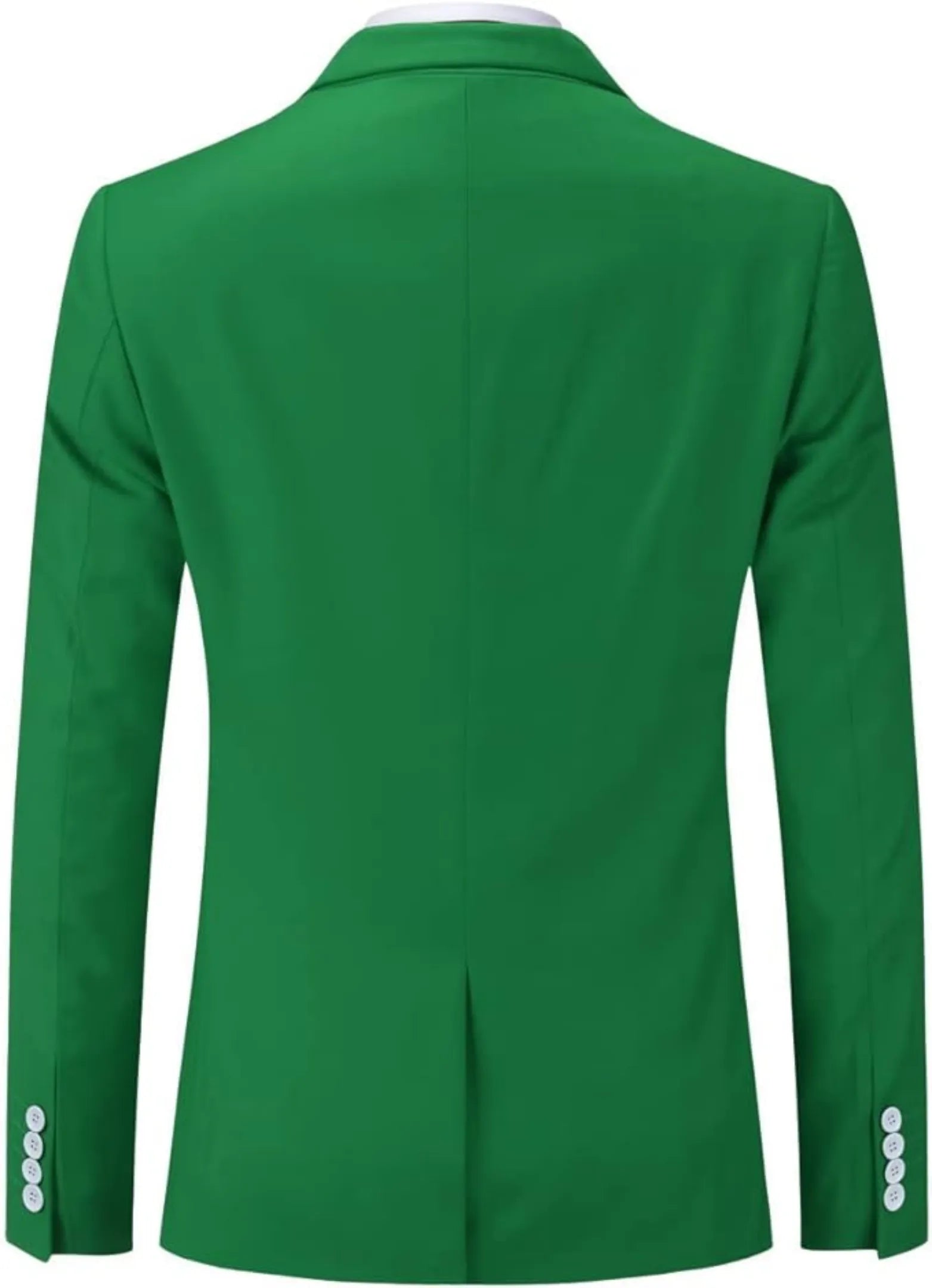 back view of men's green single-breasted one button suit blazer, highlighting the clean lines and crisp tailoring.