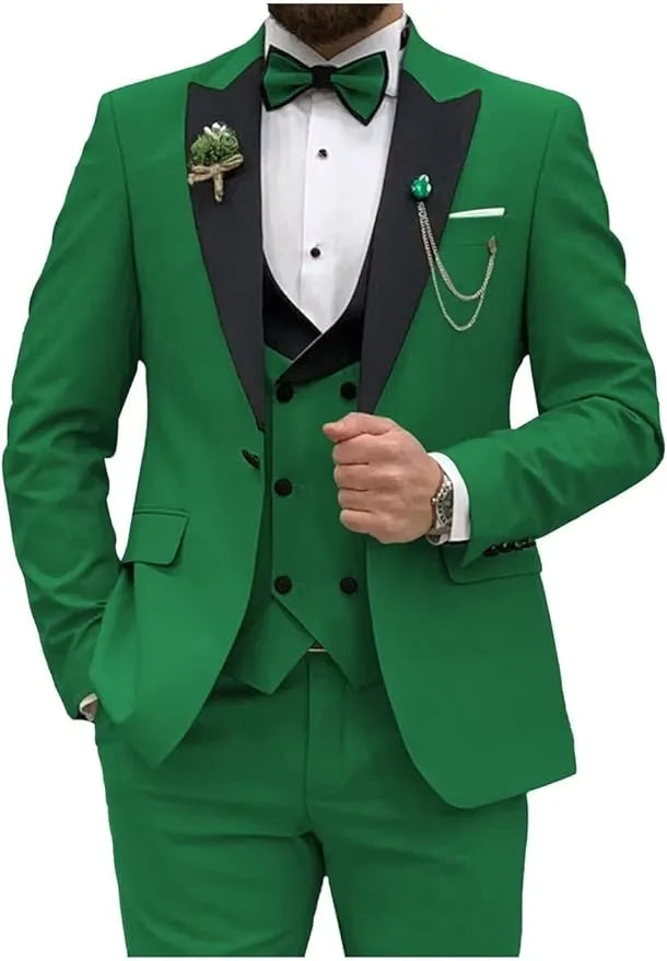 green slim fit tuxedo suit for prom with chain and boutonniere