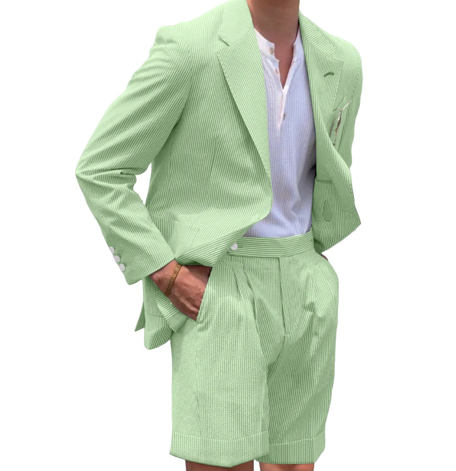 Green striped seersucker shorts suit for men – casual 2 piece summer outfit with blazer