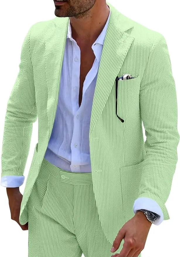 Close-up view of men's green-and-white striped seersucker blazer with detailed lapels and design.
