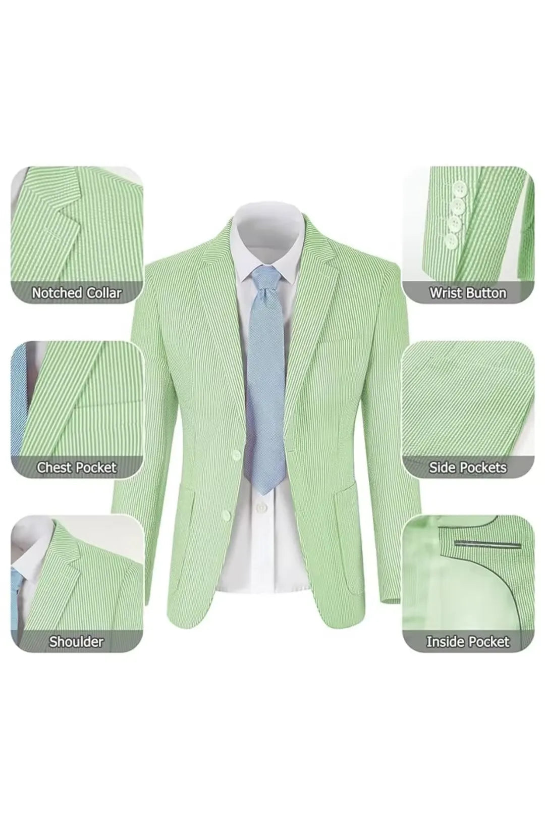 Green-and-white seersucker blazer displaying pockets, lapels, and breathable fabric texture for summer.