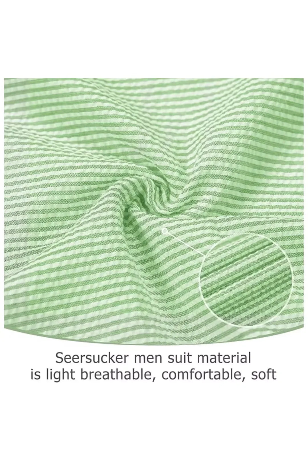 Close-up of green-and-white seersucker fabric texture with soft stripes for ultimate comfort.
